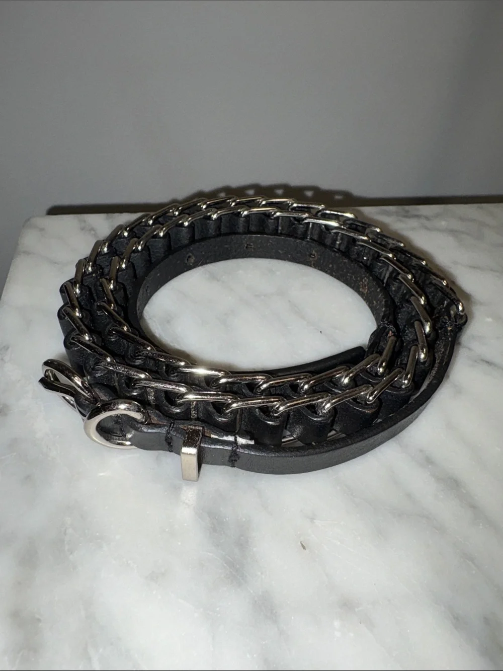 Skinny Black Leather Ladder Weave Chainlink Curb Belt Helmut Lang Diesel Biker